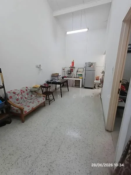 Room features: white painted walls, tile flooring, ceiling lights, refrigerator, dining table, wooden sofa with floral upholstery, kitchen countertop, kitchen appliances, open layout.