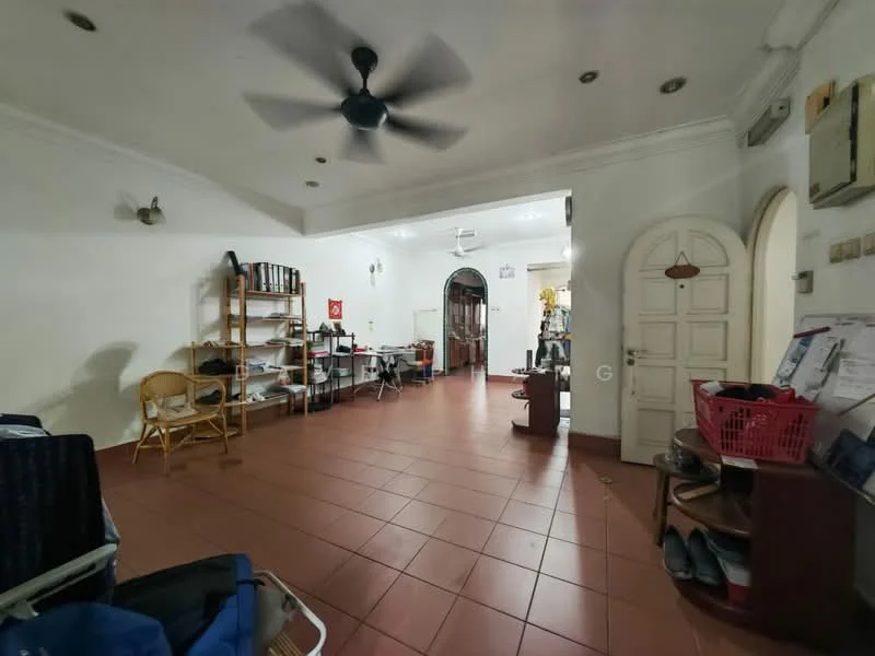 Room features: brown tiled flooring, white painted walls, exposed ceiling with fan, wall-mounted air conditioning unit, wooden shelves, wooden chairs, door with decorative arch, open space layout; style: traditional.