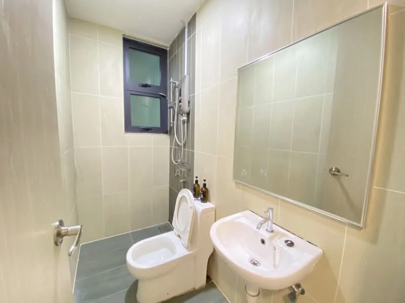 Bathroom features: white toilet, bidet spray, single-sink vanity with chrome faucet, framed mirror, shower with wall-mounted showerhead, grey tile flooring, light green tiled walls, window for natural light; style: modern.