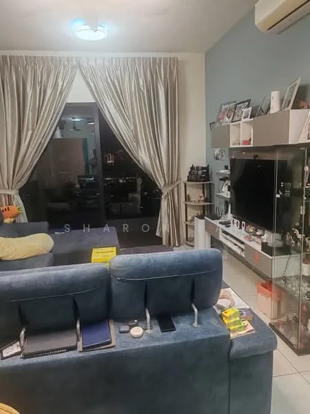 Living features: blue fabric sofa, coffee table, wall-mounted TV, glass display cabinet, curtains, recessed ceiling lights, white tiled flooring, decorative items on shelves, city view through large window, air conditioning unit; style: modern; view: city.
