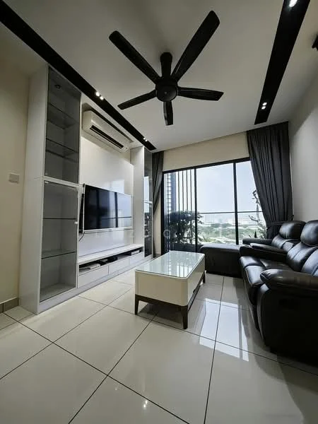 Living features: 3-seater leather sofa in black, coffee table with glass top, wall-mounted TV, TV console with storage, floor-to-ceiling windows, curtains in dark grey, recessed LED downlights, 5-blade ceiling fan, air conditioning unit, glossy white tile flooring; style: modern; view: city.