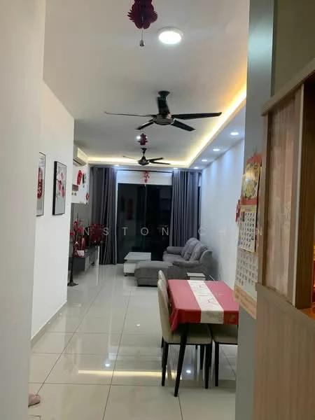 Living features: white painted walls, glossy tile flooring, 5-blade ceiling fan with light, recessed LED downlights, sofa in grey fabric, coffee table, dining table with 4 chairs, curtains in grey, decorative wall art, wall-mounted calendar; style: modern.