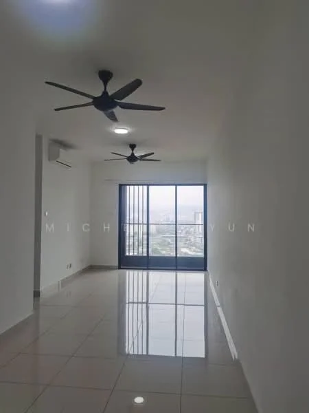 Living features: white painted walls, glossy tile flooring, 2 ceiling fans, floor-to-ceiling windows, city view, air conditioning unit; style: modern; view: city.