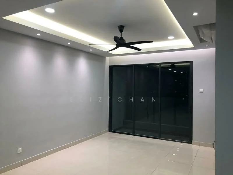Living features: grey painted walls, polished ceramic tile flooring, tray ceiling with recessed lighting, 5-blade ceiling fan with light, floor-to-ceiling sliding glass door, balcony view, LED strip lighting, no visible furniture; style: modern; view: city.