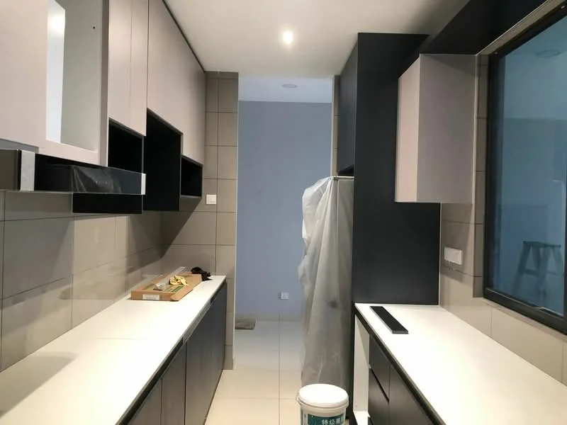Kitchen features: white countertop, grey cabinetry, upper cabinets with open shelving, lower cabinets, tile backsplash, recessed downlights, floor-to-ceiling window, neutral wall color, ceramic tile flooring; style: modern.