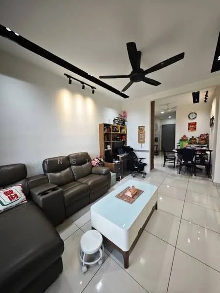 Living features: 3-seater leather sofa in dark brown, L-shape sectional sofa, coffee table with wooden top, white ceramic stool, ceiling fan with 3 blades, recessed LED downlights, wall-mounted TV, decorative wall clock, tile flooring in white, feature wall with track lighting; style: modern. Dining features: 4-seater dining table, black dining chairs, wall-mounted shelves, decorative items on shelves; style: modern.