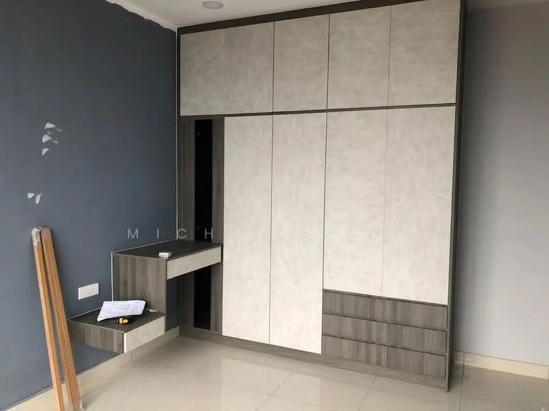 Room features: built-in wardrobe with sliding doors, light grey laminate finish, dark wood base and drawer fronts, small desk area attached to wardrobe, white walls, glossy floor tiles, recessed ceiling lights; style: modern.