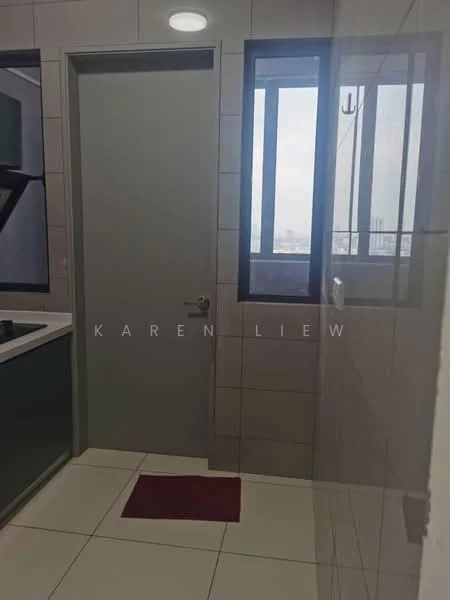 Room features: grey door, white tiled flooring, light grey wall tiles, window with city view, kitchen countertop, kitchen cabinets, red mat, ceiling light; style: modern; view: city.