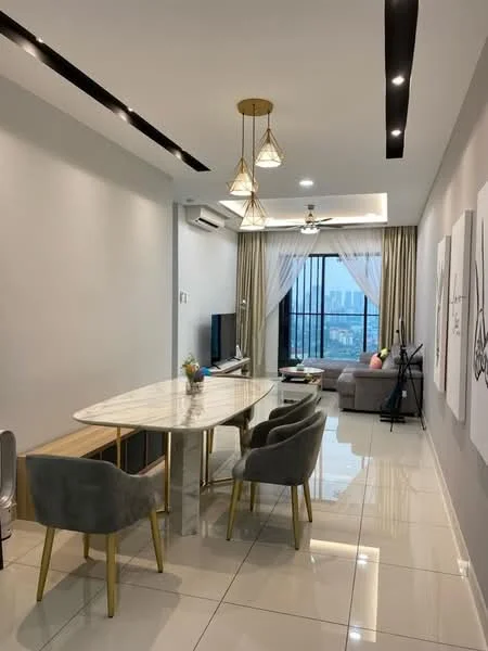 Dining features: marble dining table, 4 upholstered dining chairs in grey, pendant lighting with three fixtures, wall-mounted TV, floor-to-ceiling windows, sheer curtains, recessed downlights, grey painted walls, glossy tile flooring, ceiling fan, decorative wall art; style: modern; view: city. Living features: fabric sofa in light grey, coffee table, TV console, area rug, floor-to-ceiling windows, sheer curtains, recessed downlights, grey painted walls, glossy tile flooring, ceiling fan; style: modern; view: city.