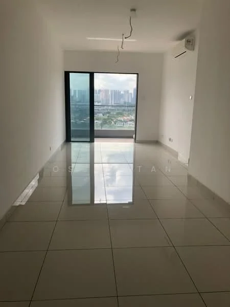 Living features: white painted walls, glossy ceramic tile flooring, floor-to-ceiling windows, sliding glass door, 1 wall-mounted split AC, recessed downlights, neutral color scheme, city view; style: modern; view: city.