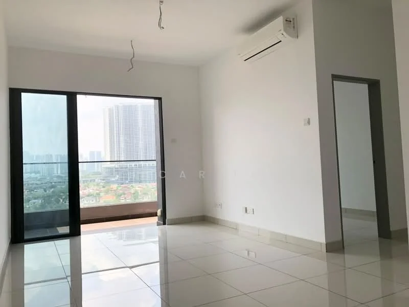 Room features: white painted walls, glossy ceramic tile flooring, floor-to-ceiling windows, sliding glass door, air conditioning unit, city view, neutral ceiling, no visible furniture; style: modern; view: city.
