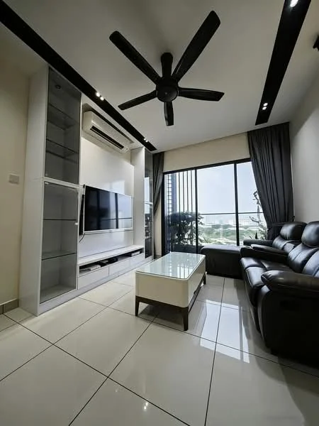Living features: 3-seater leather sofa in black, coffee table with glass top, wall-mounted TV, TV console with storage, floor-to-ceiling windows, curtains in dark grey, recessed downlights, 5-blade ceiling fan, air conditioning unit, glossy white tile flooring, neutral painted walls, decorative shelving unit; style: modern; view: city.