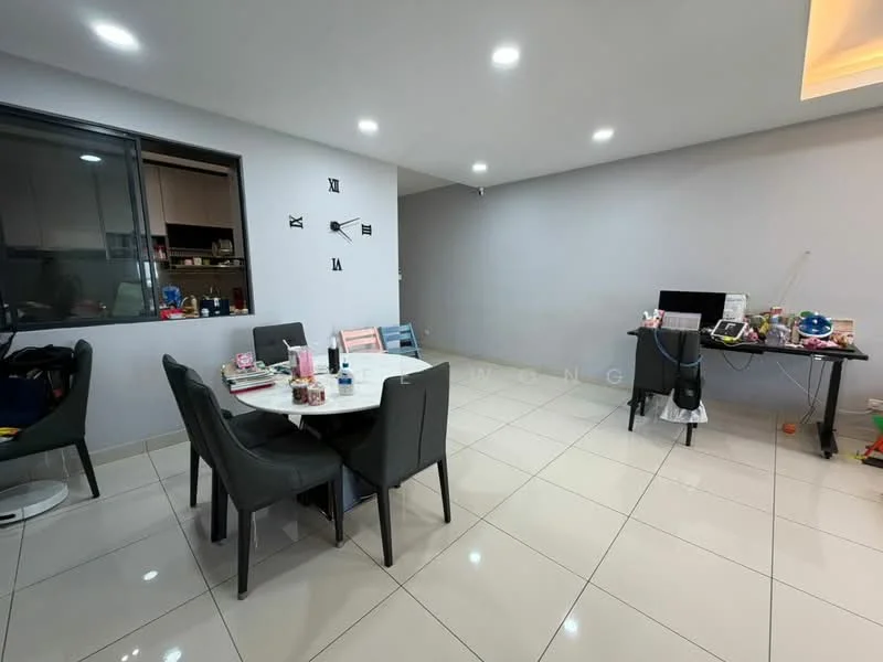 Dining features: white walls, grey accent wall, glossy tile flooring, 6-seater round dining table, upholstered dining chairs in grey, wall clock, floor-to-ceiling window, computer desk with chair; style: modern.