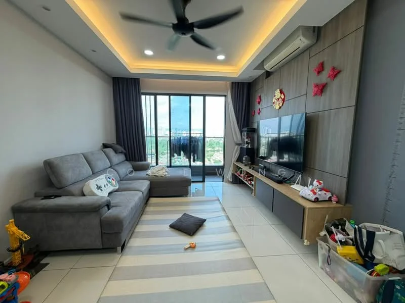 Living features: 3-seater fabric sofa in grey, coffee table, wall-mounted TV, TV console, area rug with striped pattern, ceiling fan with light, floor-to-ceiling windows, curtains, decorative wall with artwork, tiles flooring, decorative items on shelves, toys on the floor; style: modern; view: city.