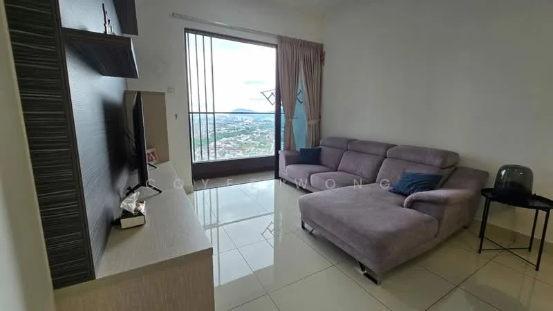 Living features: grey fabric sectional sofa, flat-screen TV on wall-mounted unit, light-colored wall, large window with city view, curtains, glossy tile flooring, small black side table, decorative wall shelf; style: modern; view: city.