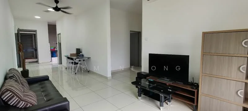 Living features: black leather sofa, striped throw pillows, glass coffee table, black TV console, wall-mounted TV, white painted walls, glossy white tile flooring, ceiling fan, recessed lighting, open layout, doorway leading to other rooms; style: modern.