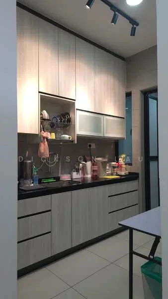 Kitchen features: light wood cabinetry, black countertop, stainless-steel sink, chrome faucet, built-in cabinets, open shelving, ceramic tile flooring, recessed downlights, glass-front upper cabinets, kitchen appliances visible, wall-mounted cabinets, neutral wall color; style: modern.
