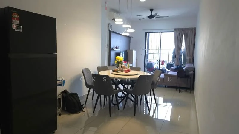 Dining features: round dining table, 4 upholstered dining chairs, pendant lighting, white walls, glossy tile flooring, ceiling fan, black fridge, sofa in background, curtains, window with view, decorative vase with flowers; style: modern. Living features: sofa, coffee table, TV console, wall-mounted TV; style: modern.