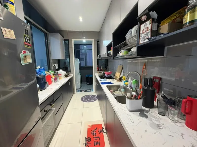 Kitchen features: grey cabinetry, marble countertop, stainless-steel sink, chrome pull-down faucet, built-in oven, freestanding range oven, microwave, refrigerator, ceramic tile flooring, wall-mounted shelves, window with city view, kitchen utensils and appliances visible, decorative rug; style: modern; view: city.