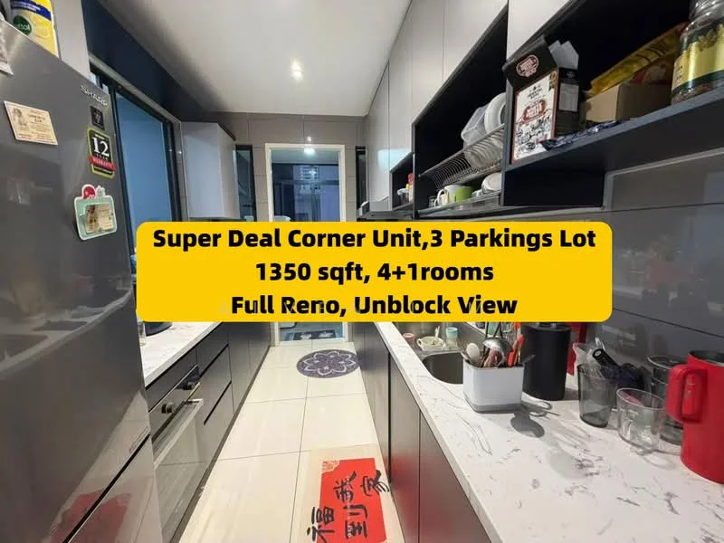 Kitchen features: grey cabinetry, white countertop, stainless-steel sink, chrome pull-down faucet, built-in oven, freestanding range oven, microwave, ceramic tile flooring, recessed downlights, wall-mounted cabinets, open shelving, kitchen island, decorative rug; style: modern.