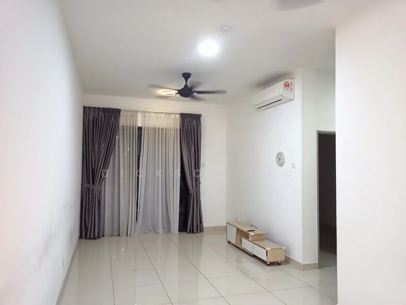 Living features: white painted walls, glossy tile flooring, 5-blade ceiling fan with light, wall-mounted split AC, floor-to-ceiling windows with sheer curtains, curtains in grey, wooden TV console, recessed lighting; style: modern.