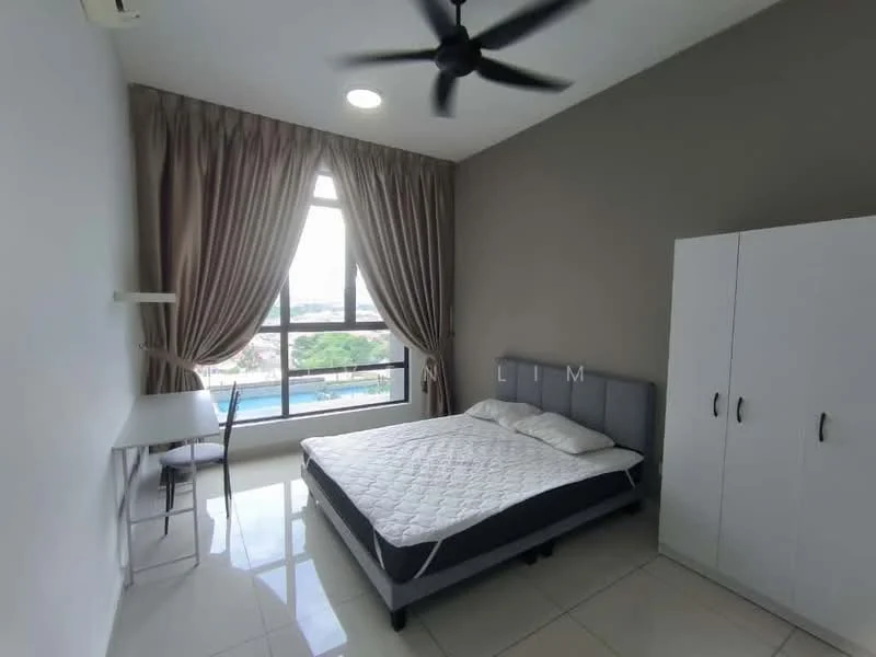 Bedroom features: king-size bed with white bedding, upholstered headboard, 2 bedside tables, study desk with chair, floor-to-ceiling window, curtains in beige, white painted walls, polished tile flooring, ceiling fan with light, built-in wardrobe with white doors; style: modern; view: pool.