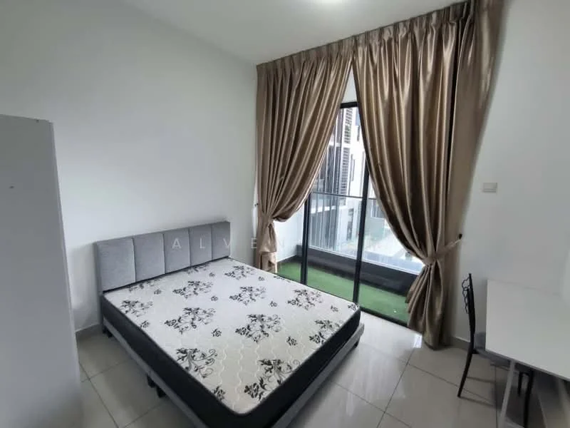 Bedroom features: queen-size bed with floral-patterned mattress, grey upholstered headboard, floor-to-ceiling windows, sheer curtains, dark curtains, white painted walls, tile flooring, study desk, black chair; style: modern; view: city.