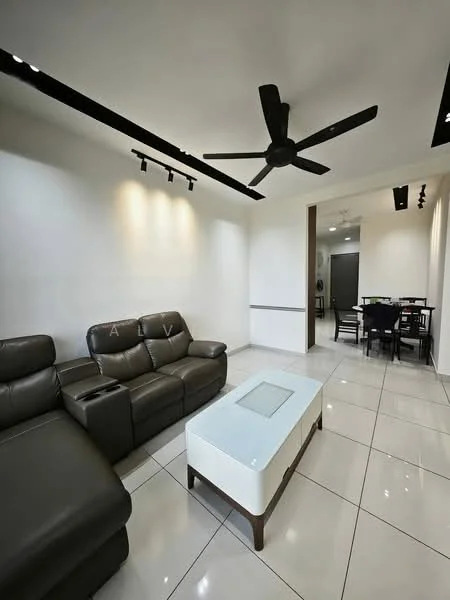 Living features: 3-seater leather sofa in dark brown, coffee table with glass top, white painted walls, polished ceramic tile flooring, 5-blade ceiling fan with light, track lighting, recessed lighting, open layout to dining area; style: modern.