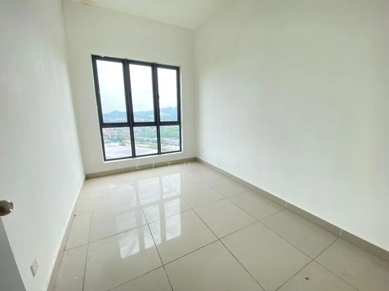 Room features: white painted walls, glossy ceramic tile flooring, floor-to-ceiling windows, city view, no visible furniture, neutral color scheme, high ceiling, natural light; style: modern; view: city.