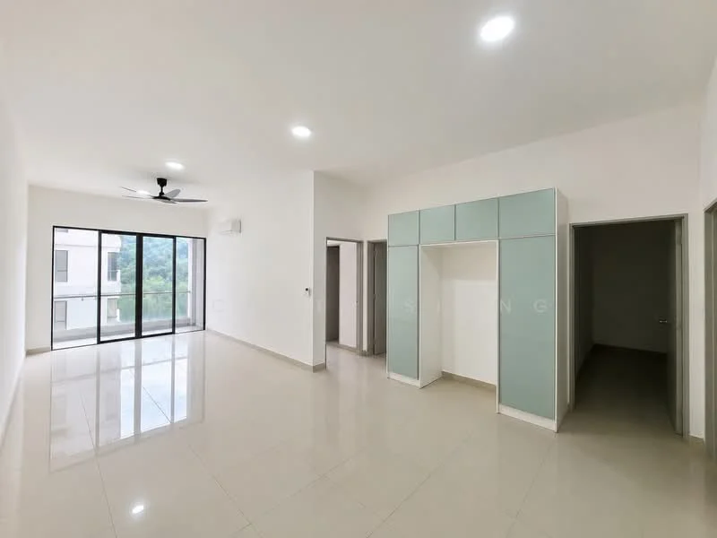 Living features: white painted walls, glossy tile flooring, 5-blade ceiling fan with light, floor-to-ceiling windows, sliding glass door, built-in cabinetry with green accents, natural light from windows, neutral color palette; style: modern; view: garden. Room features: white painted walls, glossy tile flooring, doorway to adjacent room.