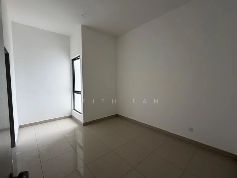Room features: white painted walls, glossy ceramic tile flooring, floor-to-ceiling window, natural light, corner room, no visible furniture, neutral color scheme, single light fixture; style: modern.