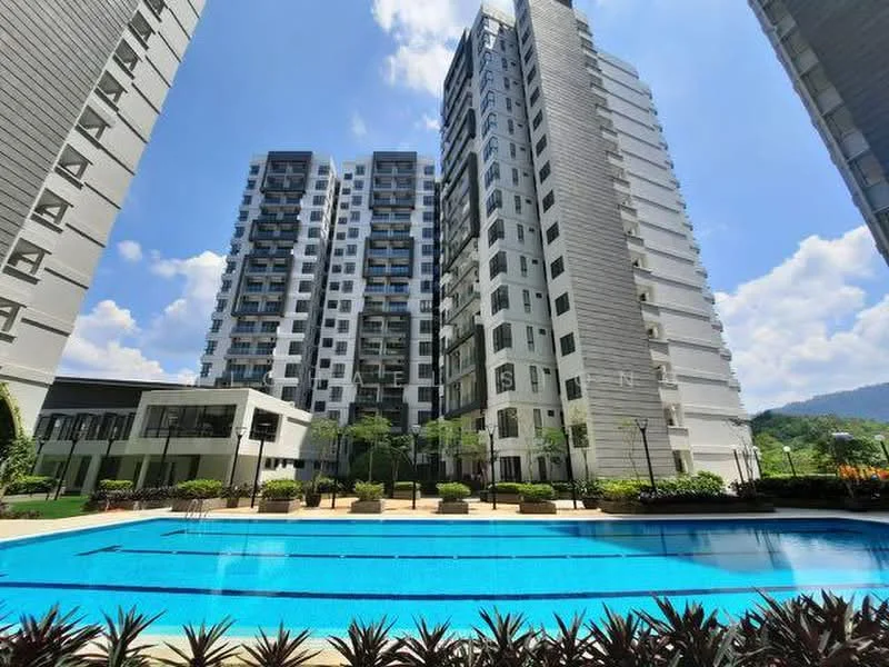 Exterior type: high-rise condominium; features: infinity pool, pool deck with loungers, landscaped garden, multiple high-rise buildings, glass curtain wall, manicured lawn, surrounded by greenery, modern architectural design; style: modern.