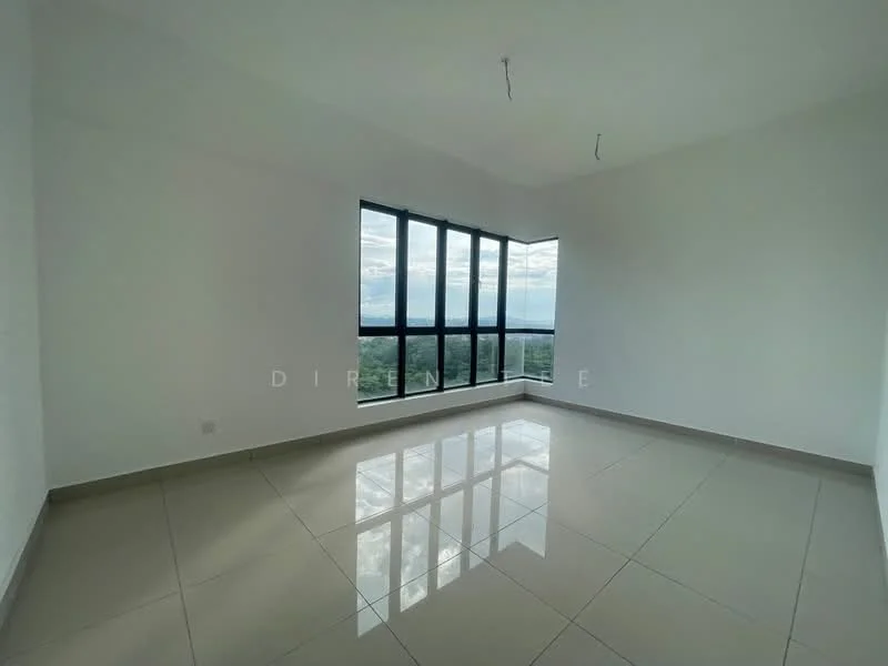 Room features: white painted walls, glossy ceramic tile flooring, floor-to-ceiling windows, city view, two ceiling lights, neutral color scheme, no visible furniture, spacious layout; style: modern; view: city.