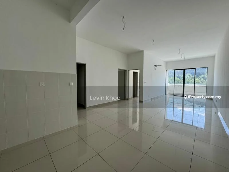 Room features: white painted walls, glossy ceramic tile flooring, large floor-to-ceiling windows, natural light, open layout, minimalist design, no visible furniture, high ceiling; style: modern; view: mountain.