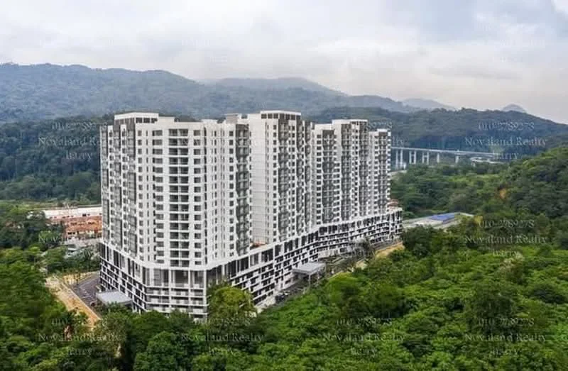 Exterior type: high-rise condominium; features: white painted facade, glass curtain wall, recessed balconies, multiple storeys, surrounded by greenery, mountain view in background, parking deck underneath, modern architectural design; style: modern.