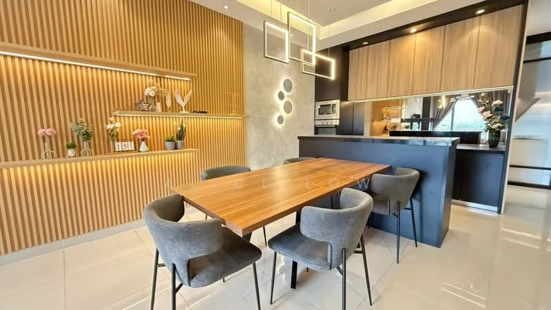 Dining features: wooden dining table, 4 upholstered dining chairs in grey, feature wall with wood paneling, decorative shelving with plants and decor items, recessed lighting, pendant lights above dining table, glossy tile flooring, open kitchen layout; style: modern. Kitchen features: kitchen island with bar seating, built-in oven, microwave, stainless-steel appliances, wood cabinetry, black countertop, glass backsplash; style: modern.