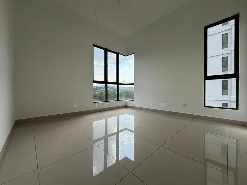 Room features: white painted walls, glossy ceramic tile flooring, floor-to-ceiling windows, city view, high ceiling, no visible furniture, neutral color scheme, natural light; style: modern; view: city.