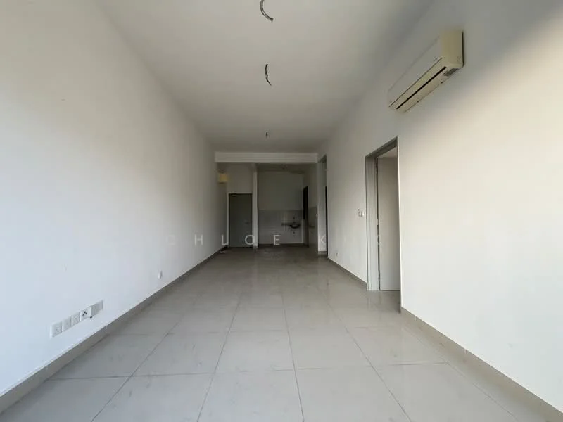 Room features: white painted walls, tile flooring, 2 wall-mounted split ACs, recessed ceiling lights, open layout, doorway leading to kitchen, doorway leading to other rooms, large windows for natural light; style: modern.