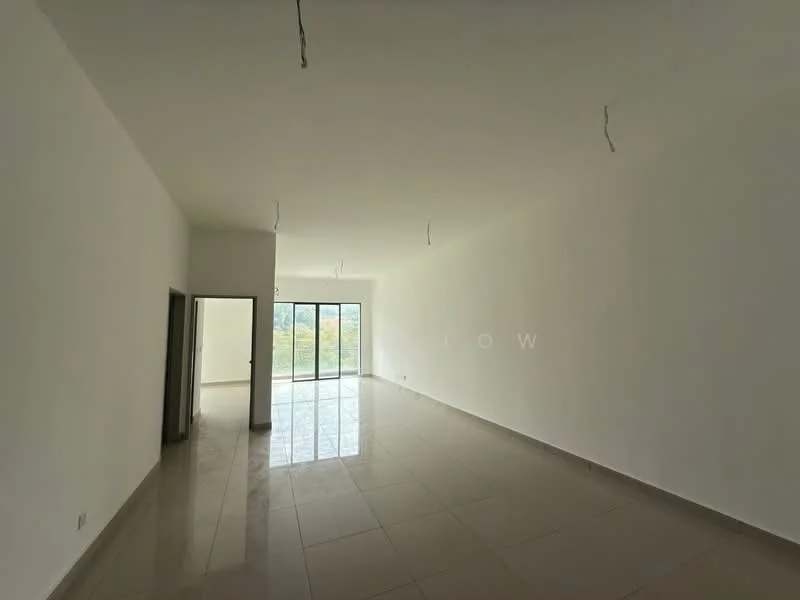 Room features: white painted walls, polished ceramic tile flooring, floor-to-ceiling windows, sliding glass door, natural light, plain ceiling, no visible fixtures, open layout; style: modern; view: garden.
