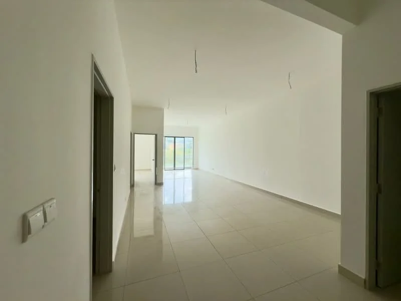 Room features: white painted walls, polished ceramic tile flooring, high ceiling, large floor-to-ceiling windows, natural light, open layout, no visible furniture, neutral color scheme; style: modern; view: garden.