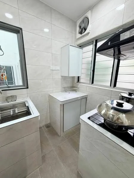 Kitchen features: single-bowl stainless-steel sink, chrome pull-down faucet, white cabinetry, marble countertop, ceramic tile backsplash, built-in stove, exhaust hood, wall-mounted split AC, grey tiled flooring, window with metal frame, light-colored wall tiles, open shelving; style: modern.