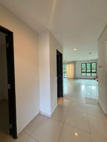 Room features: white painted walls, glossy ceramic tile flooring, recessed downlights, doorway leading to another room, large windows with natural light, neutral color scheme, open layout, corner of a room visible; style: modern; view: garden.