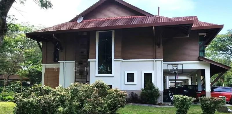 Exterior type: detached bungalow; features: brown wooden facade, white painted lower section, pitched tile roof, large windows, covered car porch, manicured landscaping, bushes in front yard, basketball hoop, surrounded by greenery; style: modern.