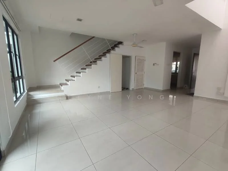 Living features: white painted walls, polished ceramic tile flooring, ceiling fan, staircase with wooden steps, large windows, open layout, natural light, neutral color palette; style: modern. Room features: white painted walls, polished ceramic tile flooring, large windows, neutral color palette.