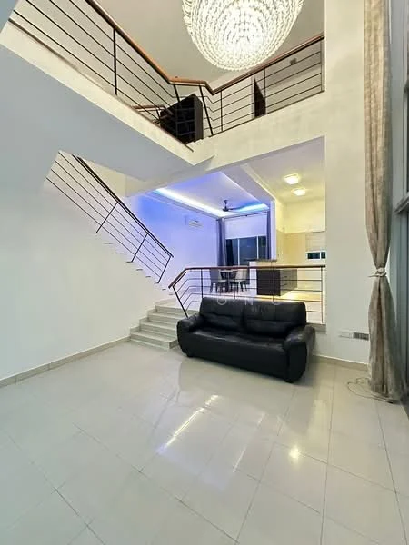 Living features: black leather sofa, white painted walls, marble tile flooring, chandelier, staircase with metal railing, recessed LED lighting, large windows, open layout to kitchen, ceiling fan; style: modern.