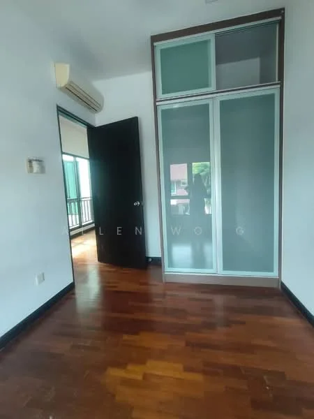 Room features: wooden flooring, white painted walls, sliding glass door, black door, wall-mounted split AC, large window with view, built-in wardrobe with glass panels, ceiling with light fixture; style: modern.