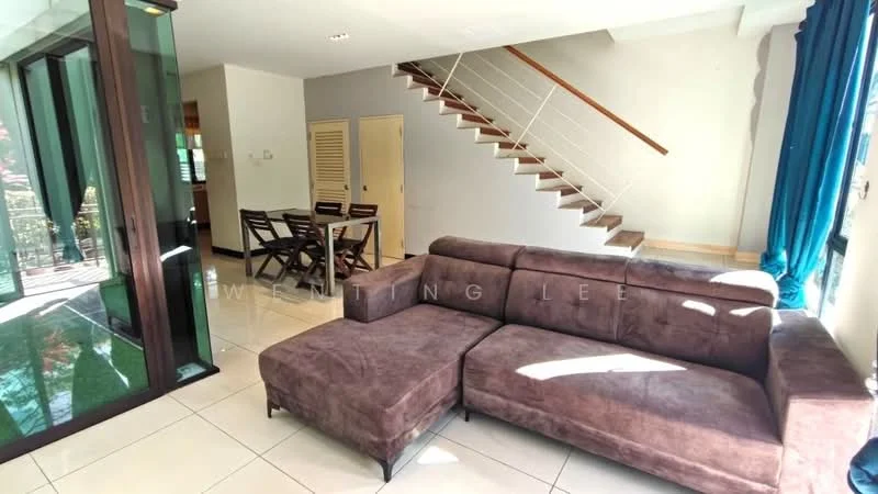 Living features: L-shape sectional sofa in brown fabric, coffee table, wall-mounted TV, large windows with sheer curtains, white walls, tile flooring, recessed downlights, decorative wall with staircase, open layout to dining area; style: modern; view: garden. Dining features: 4-seater dining table in dark wood, wooden dining chairs, near large windows, white walls, tile flooring; style: modern; view: garden.