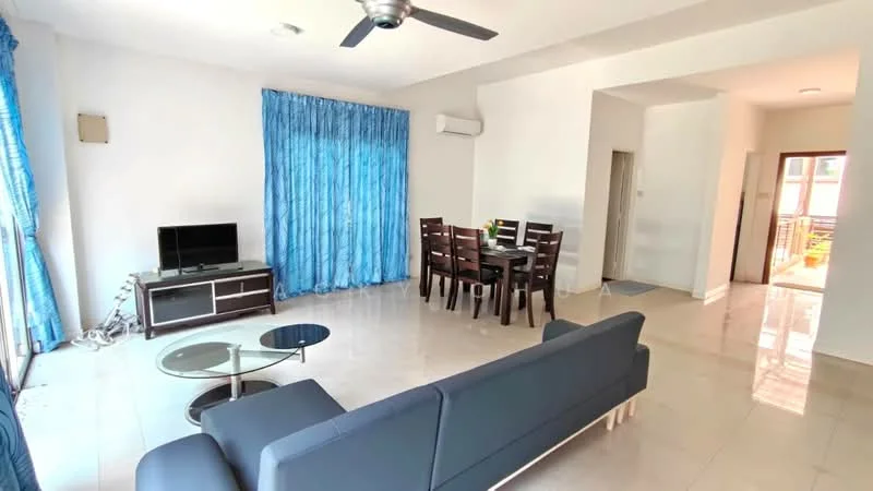 Living features: 3-seater fabric sofa in navy blue, glass coffee table, TV console with flat-screen TV, dining table with 6 chairs, floor-to-ceiling windows with blue curtains, wall-mounted split AC, polished tile flooring, ceiling fan with light, neutral painted walls; style: modern. Room features: open layout, doorway leading to other rooms.