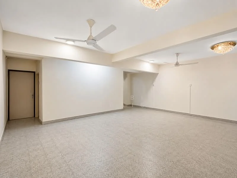 Living features: grey tiled flooring, white painted walls, 2 ceiling fans, 2 chandeliers, recessed downlights, open layout, no visible furniture, large empty space; style: modern.