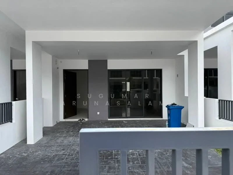 Exterior features: grey tiled flooring, white painted walls, black railing on balcony, sliding glass door, two ceiling lights, blue trash bin, open space layout, covered porch area; style: modern.